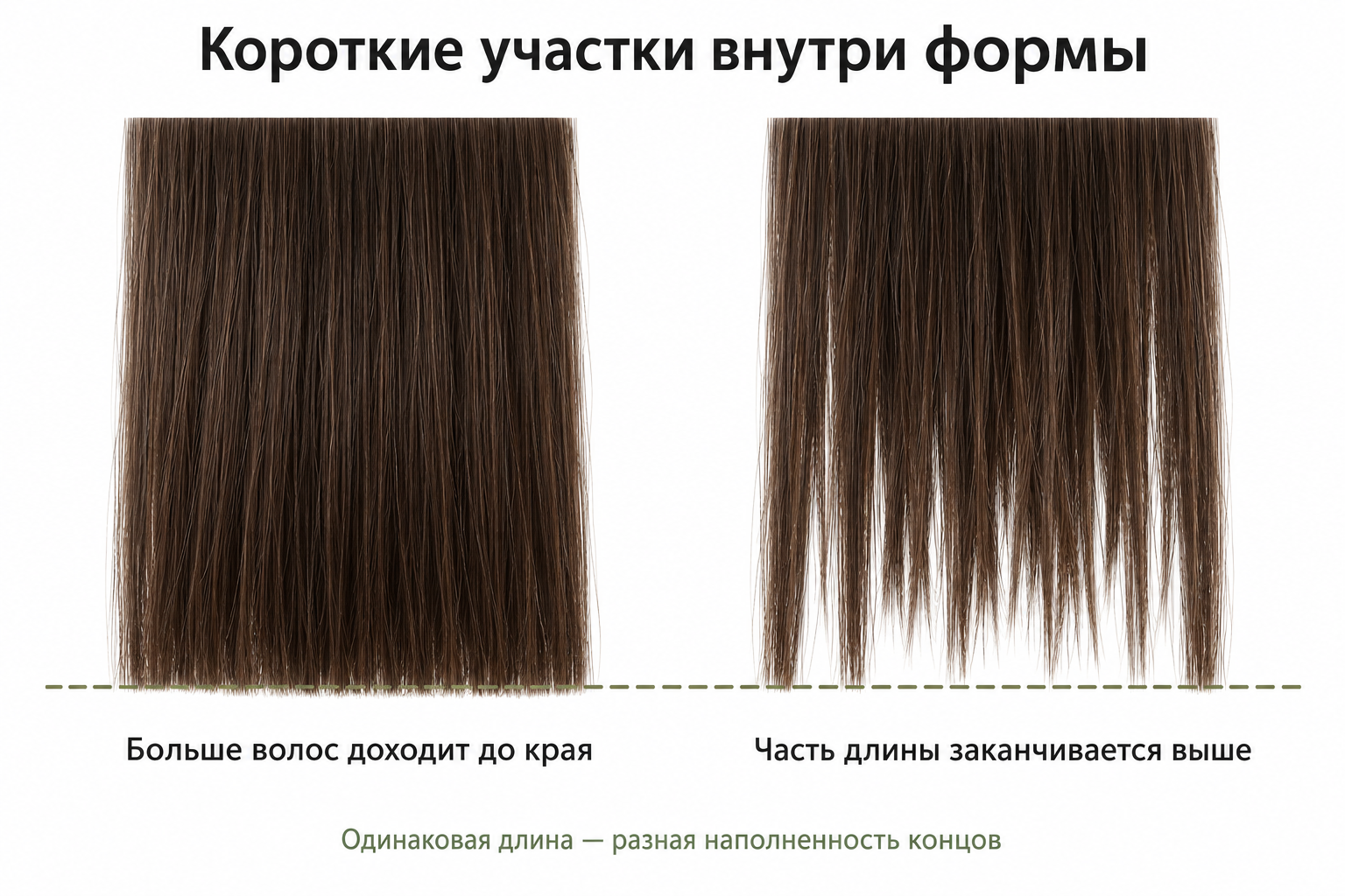 Схема: при одинаковой общей длине короткие участки внутри формы уменьшают наполненность нижнего края