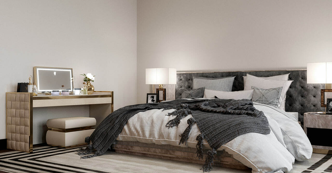 овременная спальня в нейтральных тонах с мягким изголовьем, декоративным текстилем и элегантным туалетным столиком