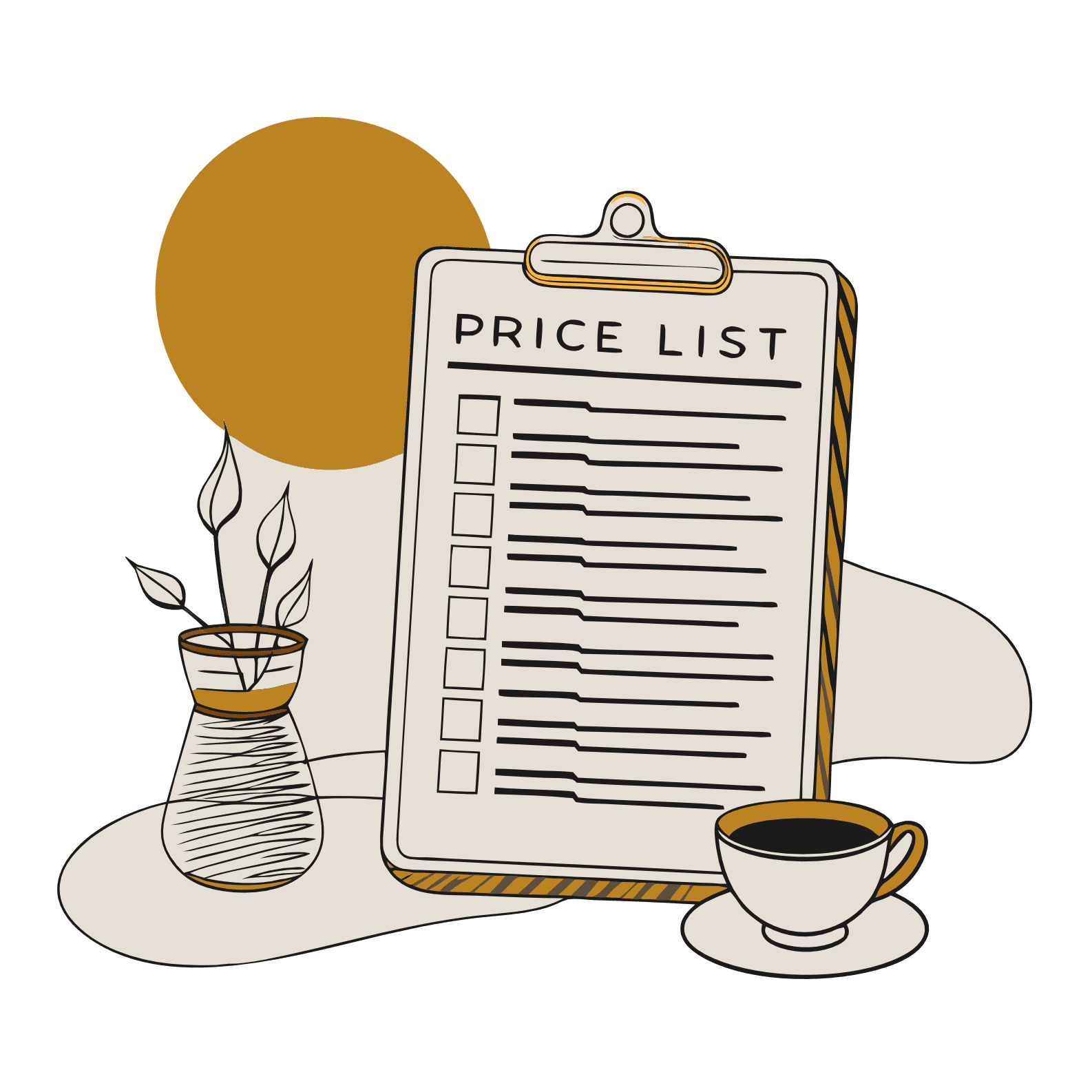 Минималистичная иллюстрация прайс листа, рядом стоит чашка кофе и ваза с цветами, на фоне минималистичные узоры