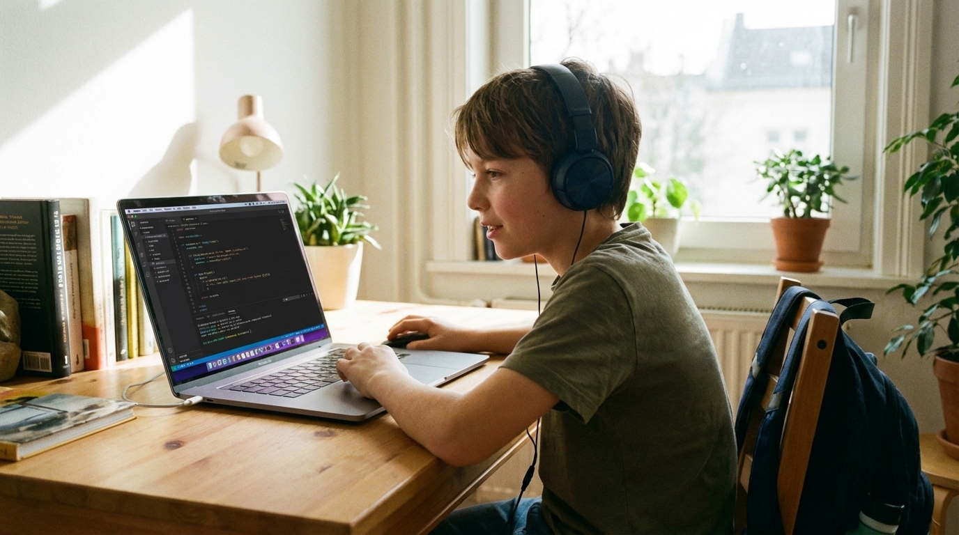Подросток за ноутбуком пишет код программа угадай число python