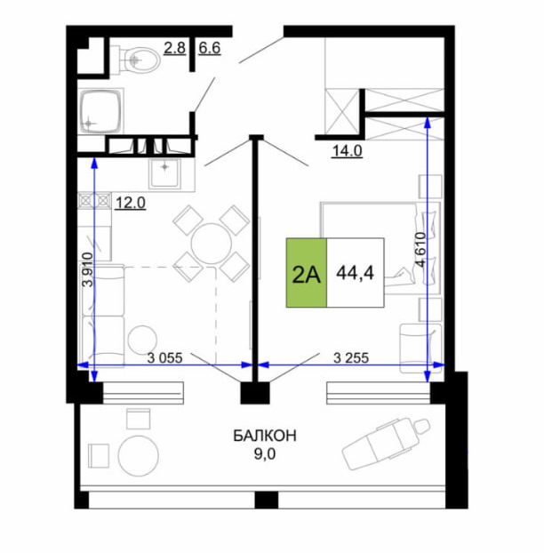 Планировка 2-комнатный 44,4 м²