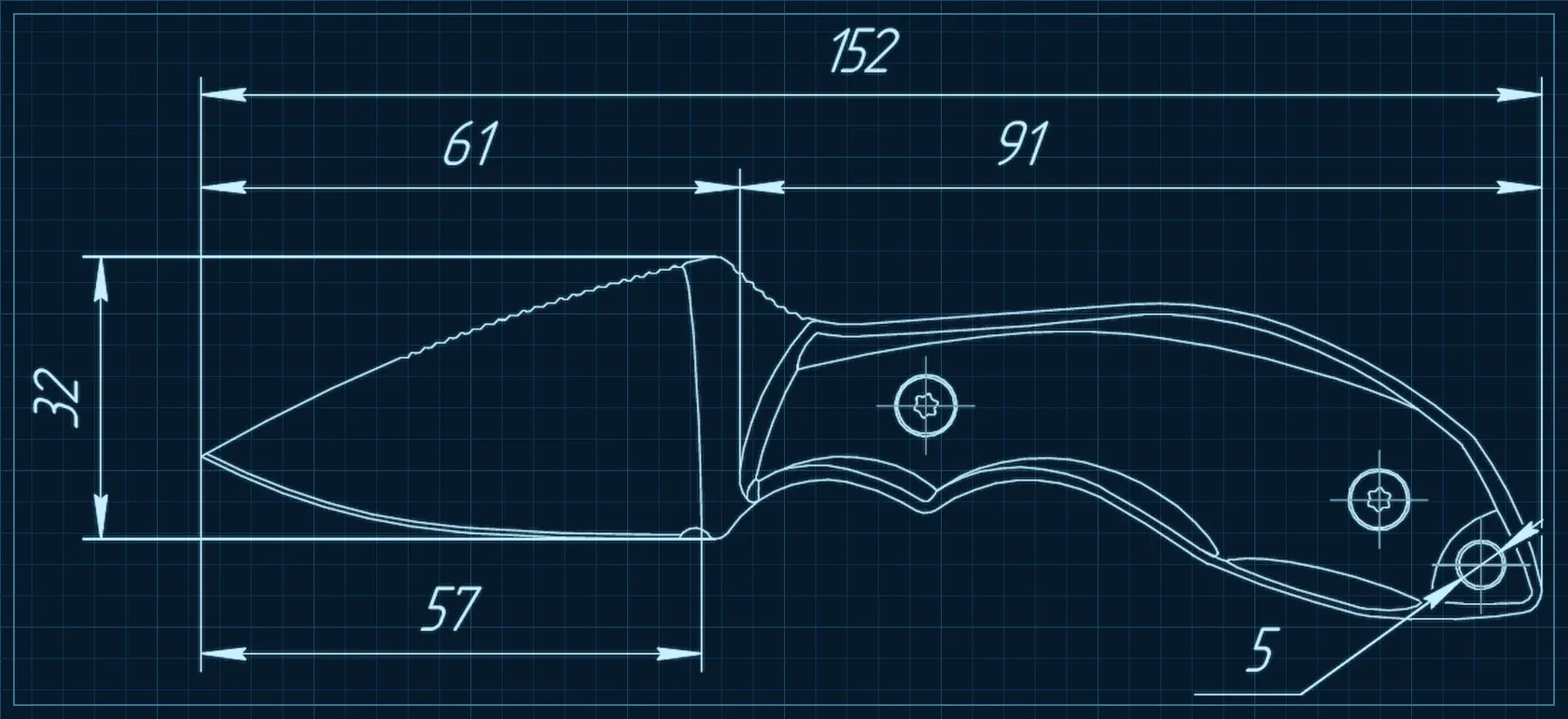 Kizlyar Supreme Hammy technical drawing with production dimensions