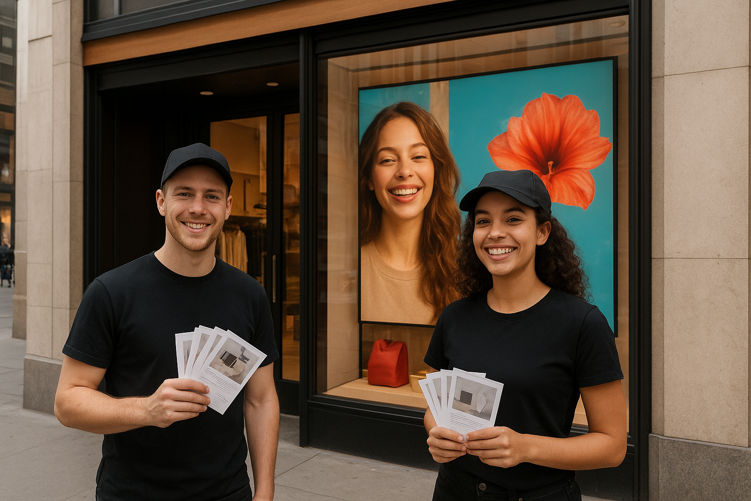 Двое промоутеров — мужчина и женщина в чёрной форме — улыбаются и раздают листовки перед красиво оформленным магазином с витриной и яркими изображениями внутри