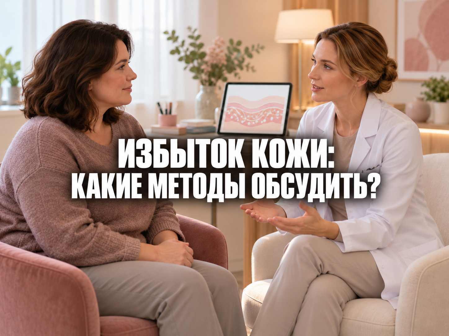 Редакционная иллюстрация к статье об избытке кожи после похудения; надпись «Избыток кожи после похудения: что обсудить?»; по центру фраза «ИЗБЫТОК КОЖИ: КАКИЕ МЕТОДЫ ОБСУДИТЬ?»