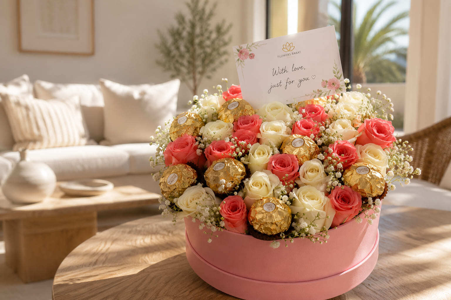 Summer flower box with roses, chocolates, and note card for flower delivery in Morocco