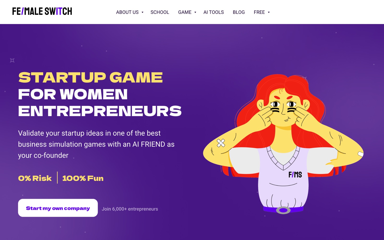 Fe/male Switch homepage screenshot: startup game for women entrepreneurs with SANDBOX and the PlayPal AI co-founder