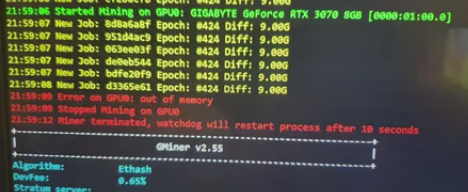 Ошибка майнера GMINER ERROR ON GPU: OUT OF MEMORY STOPPED MINING ON GPU0