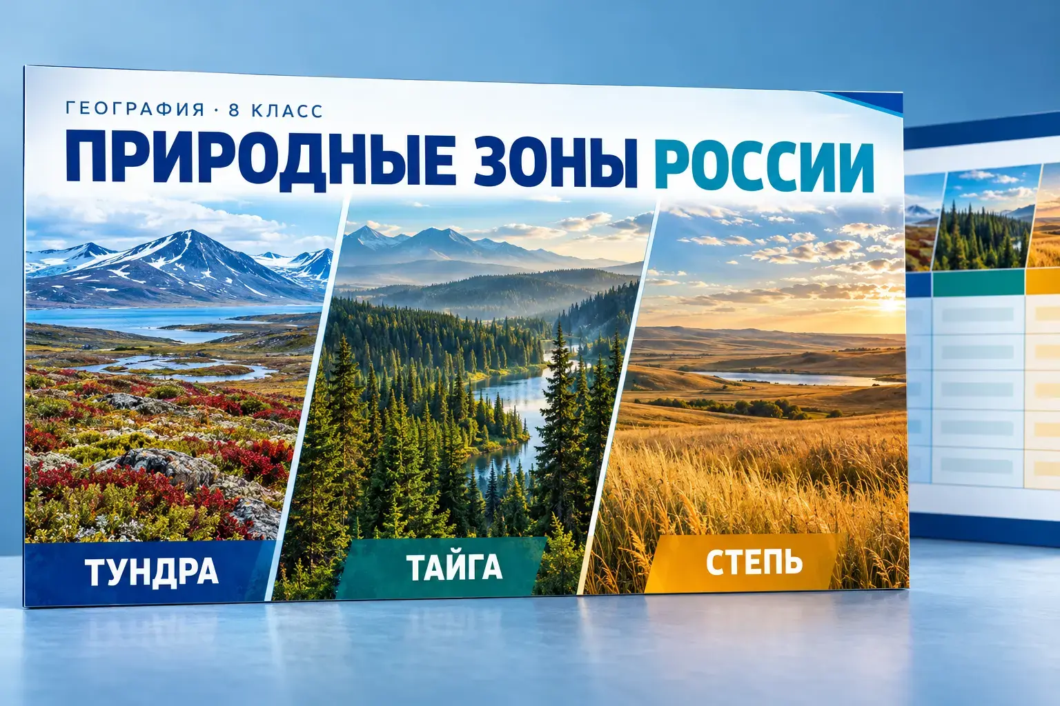 Презентация по географии для 8 класса: тундра, тайга и степь