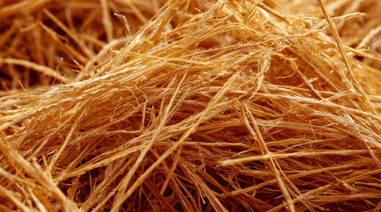 Сухая рисовая солома крупным планом — побочный продукт рисоводства, используемый как биомасса для компоста и переработки.
