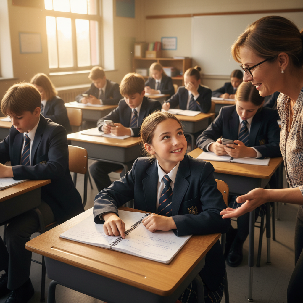  Учитель помогает улыбающемуся ученику в классе, полном учеников в форме.