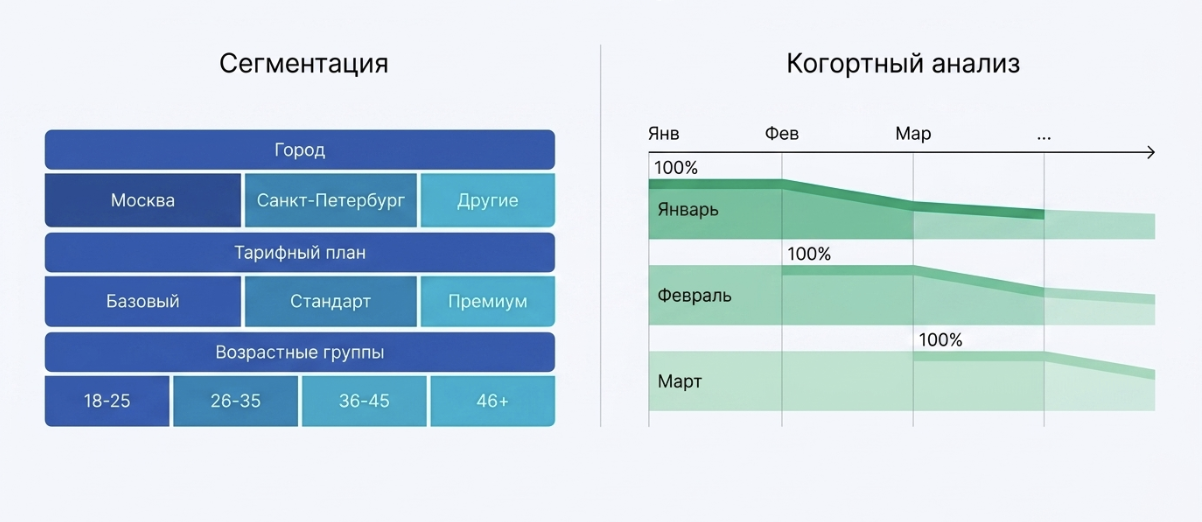 Схема: когортный анализ vs сегментация