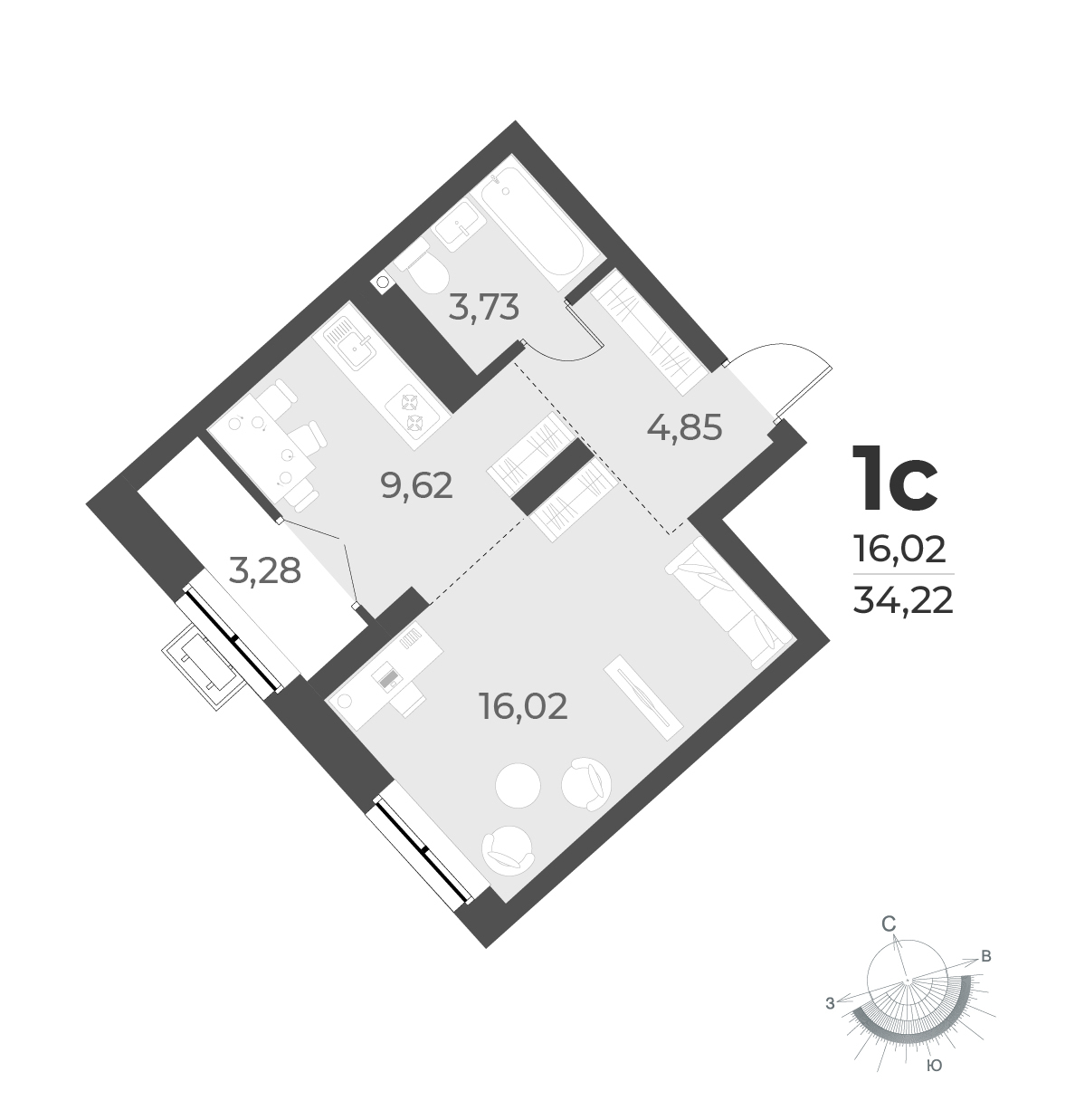 Планировка студии 34.22 м²