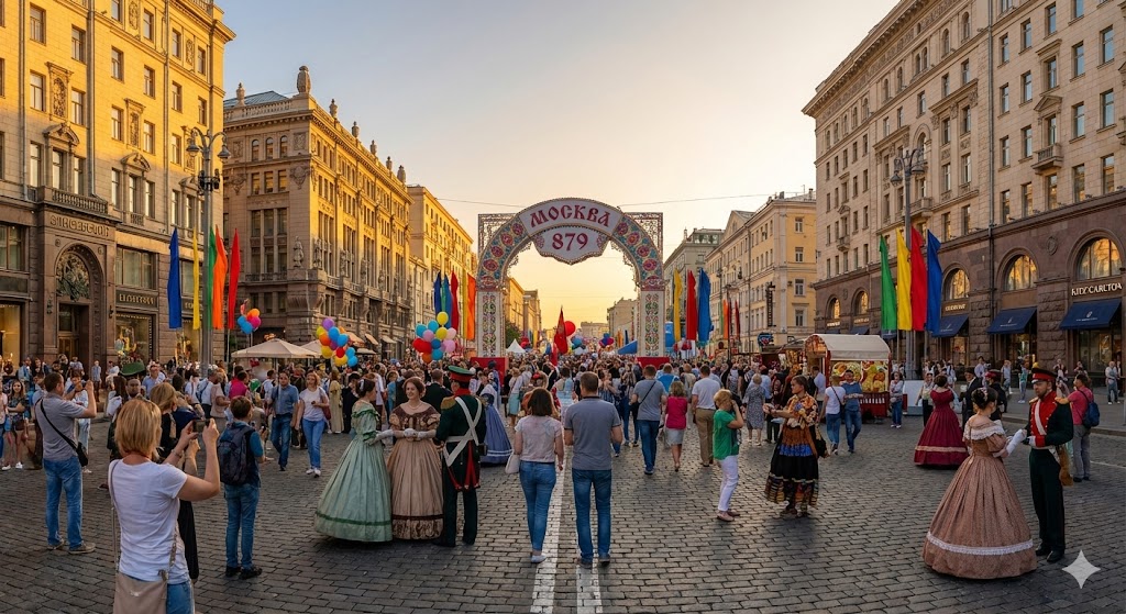 Пешеходная Тверская улица в День города Москвы с историческими реконструкторами
