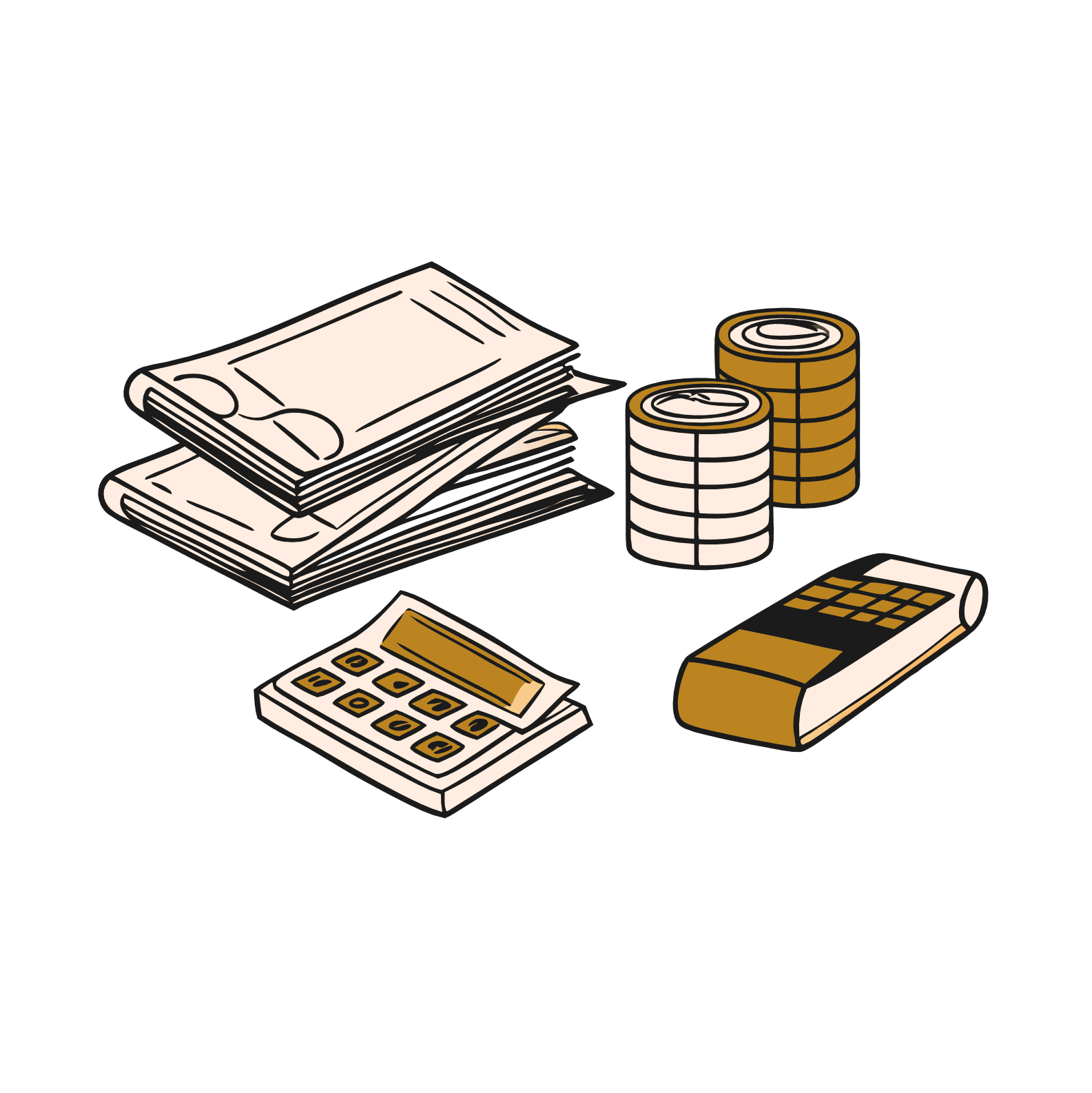 Иллюстрация финансовых инструментов: наличные, монеты, калькулятор, счетная машина