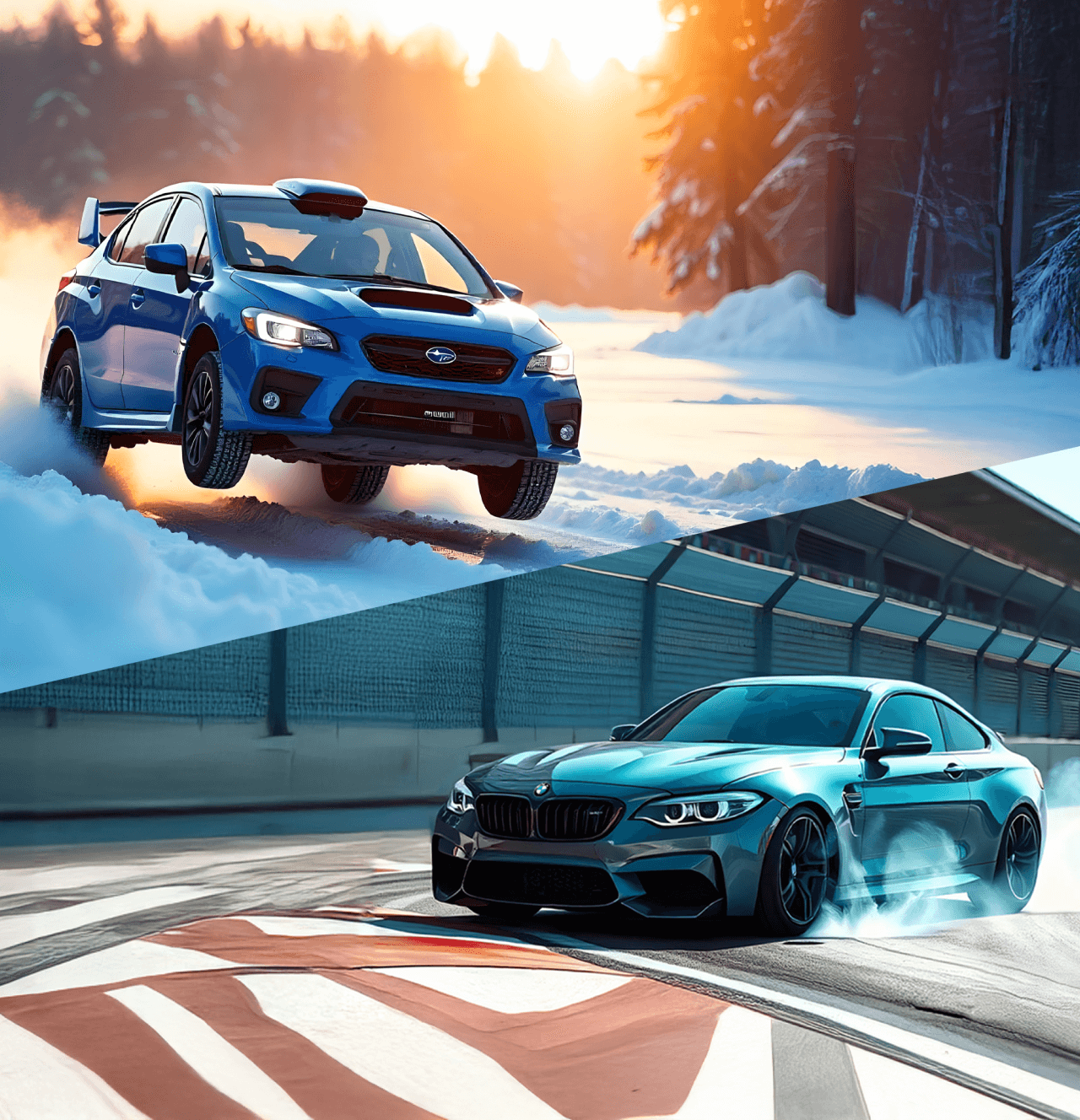 Субару едет по заснеженной трассе Москвы зимой, БМВ едет по солнечной трассе Сочи