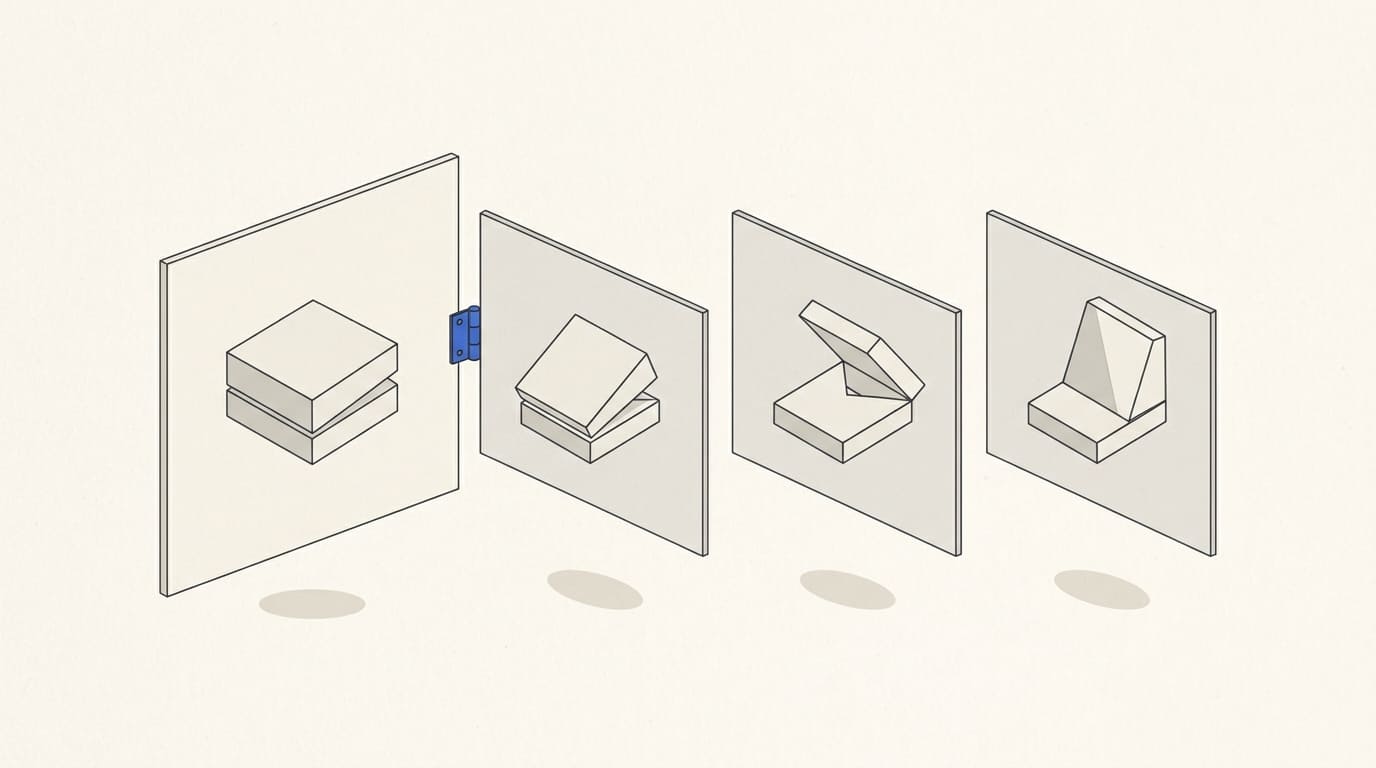 A cover and three opening frames show the same geometric object progressing from a still view to an action.