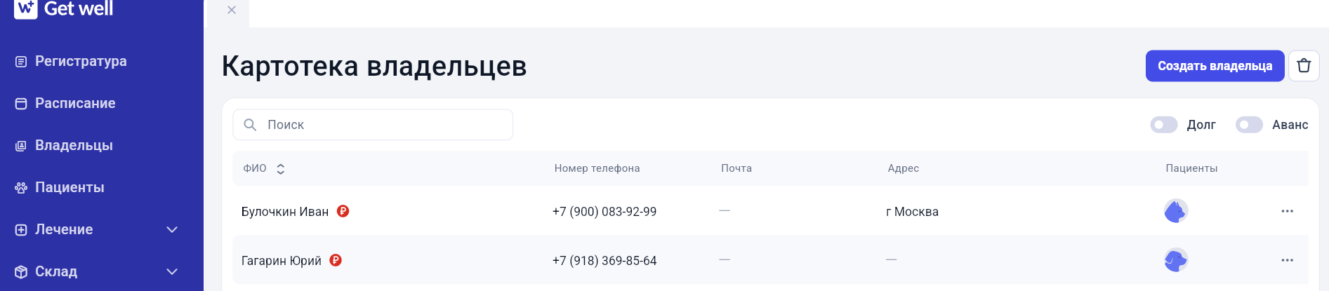 Раздел Владельцы в GetWell