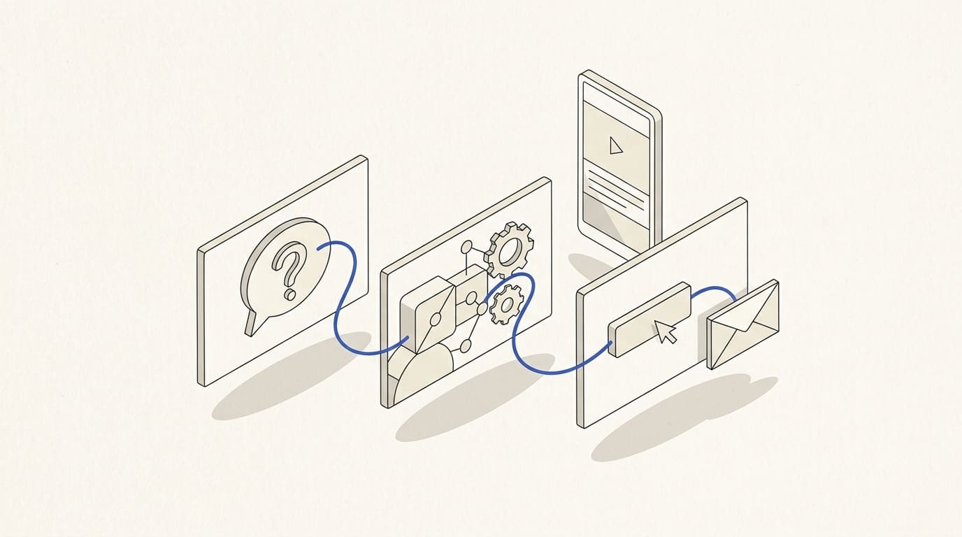 Three storyboard frames with a question, process detail and action before a vertical video frame.