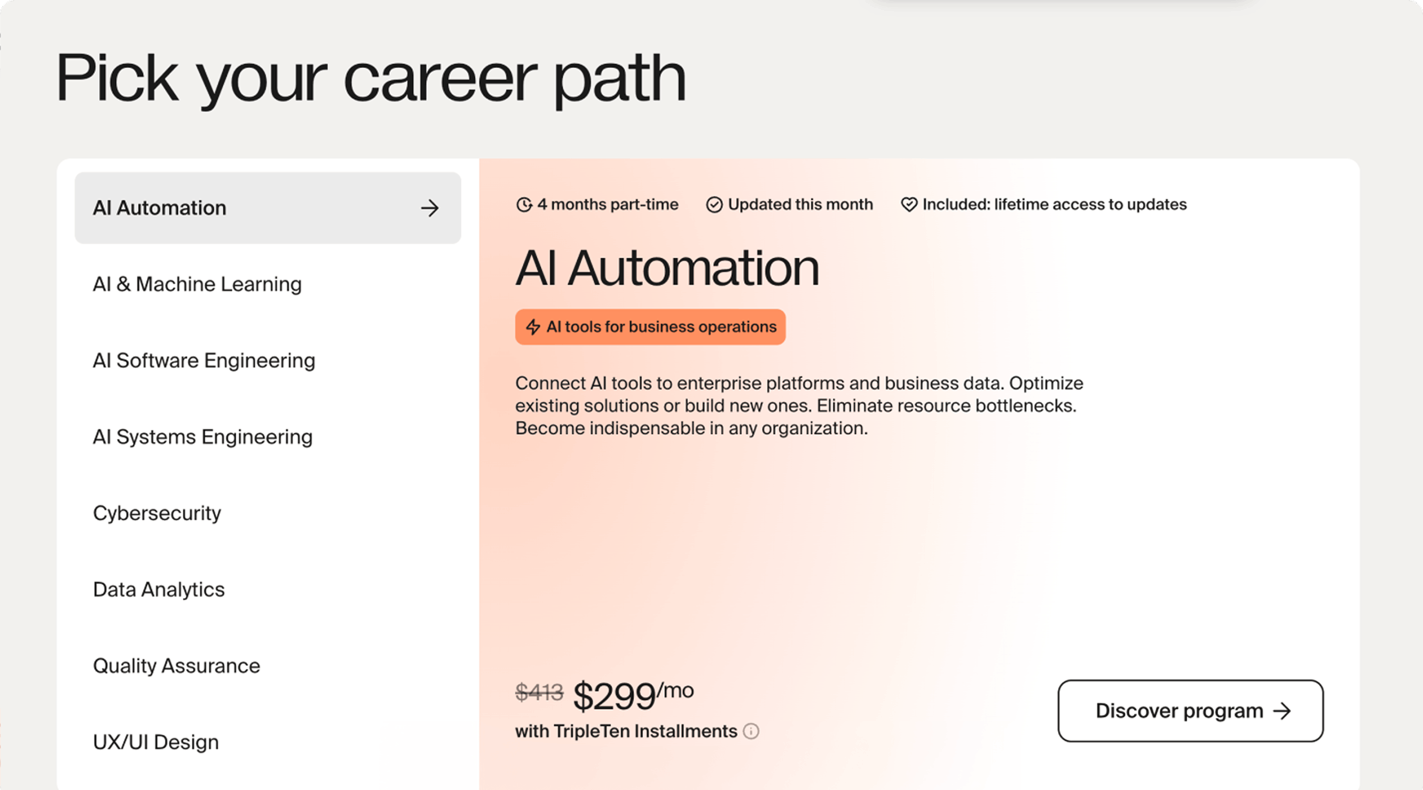 TripleTen &ldquo;Pick your career path&rdquo; program picker with AI Automation selected, showing duration, description and a $299/mo installment price