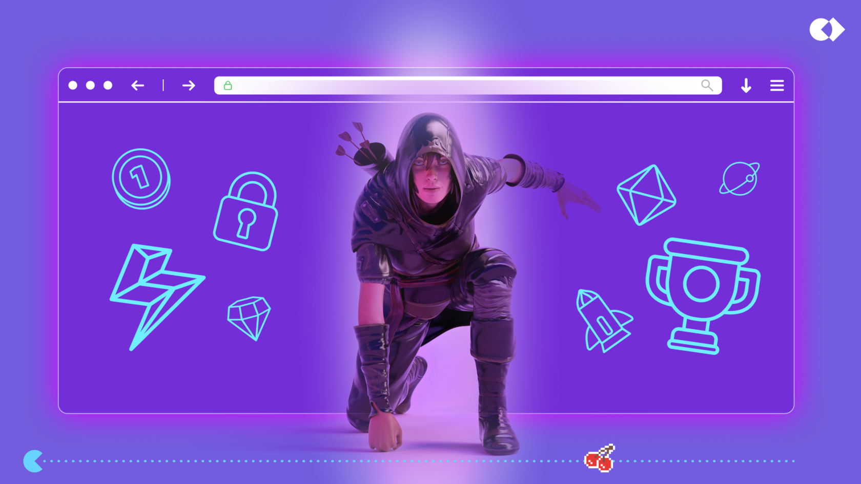 Персонаж из игры, вокруг – игровые иконки