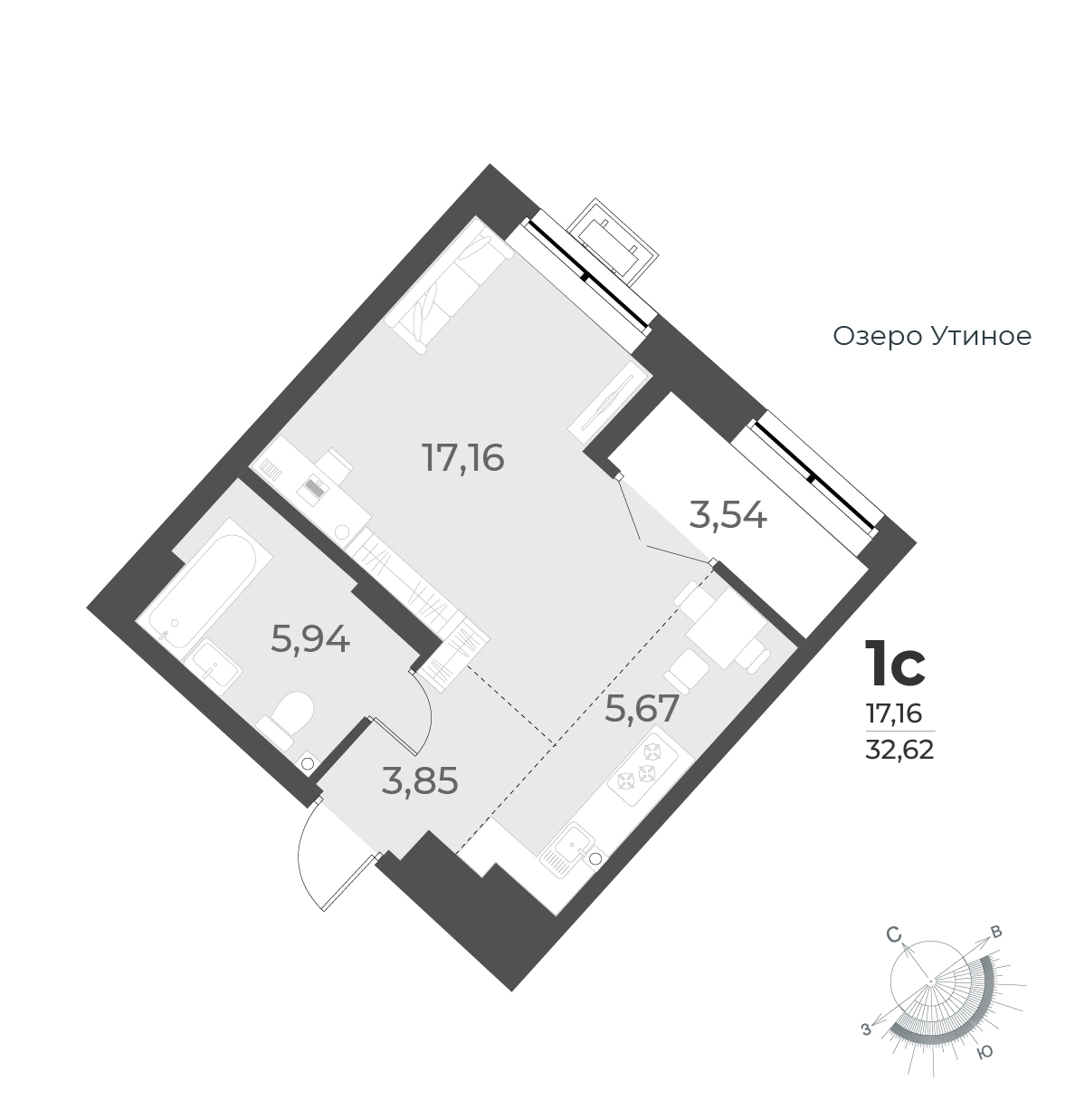 Планировка студии 32.62 м²