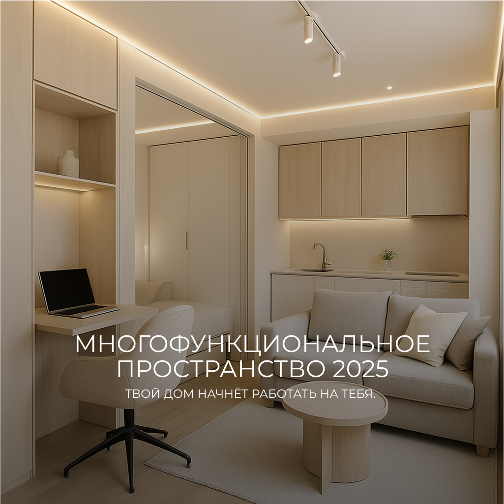 Интерьер компактной современной квартиры в светлых тонах с зоной для работы, отдыха и готовки. Минималистичный дизайн, встроенная мебель, подсветка по периметру потолка и над рабочими поверхностями. На переднем плане — мягкий диван и стол с ноутбуком. Над