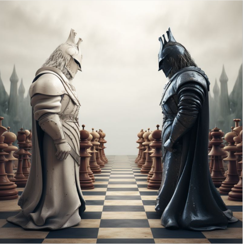 Image: The opposing kings from both the black and white pieces, personified standing head to head in the center of the chessboard.