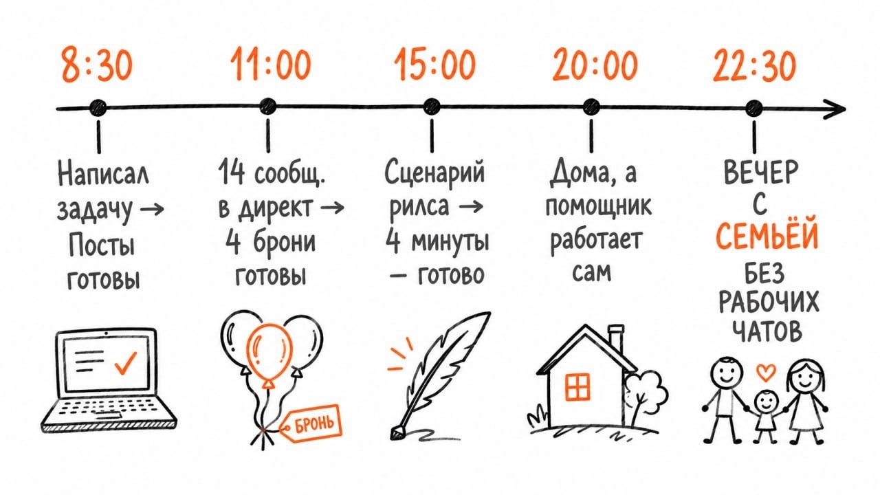 Таймлайн дня: 8:30 — 11:00 — 15:00 — 20:00 — 22:30