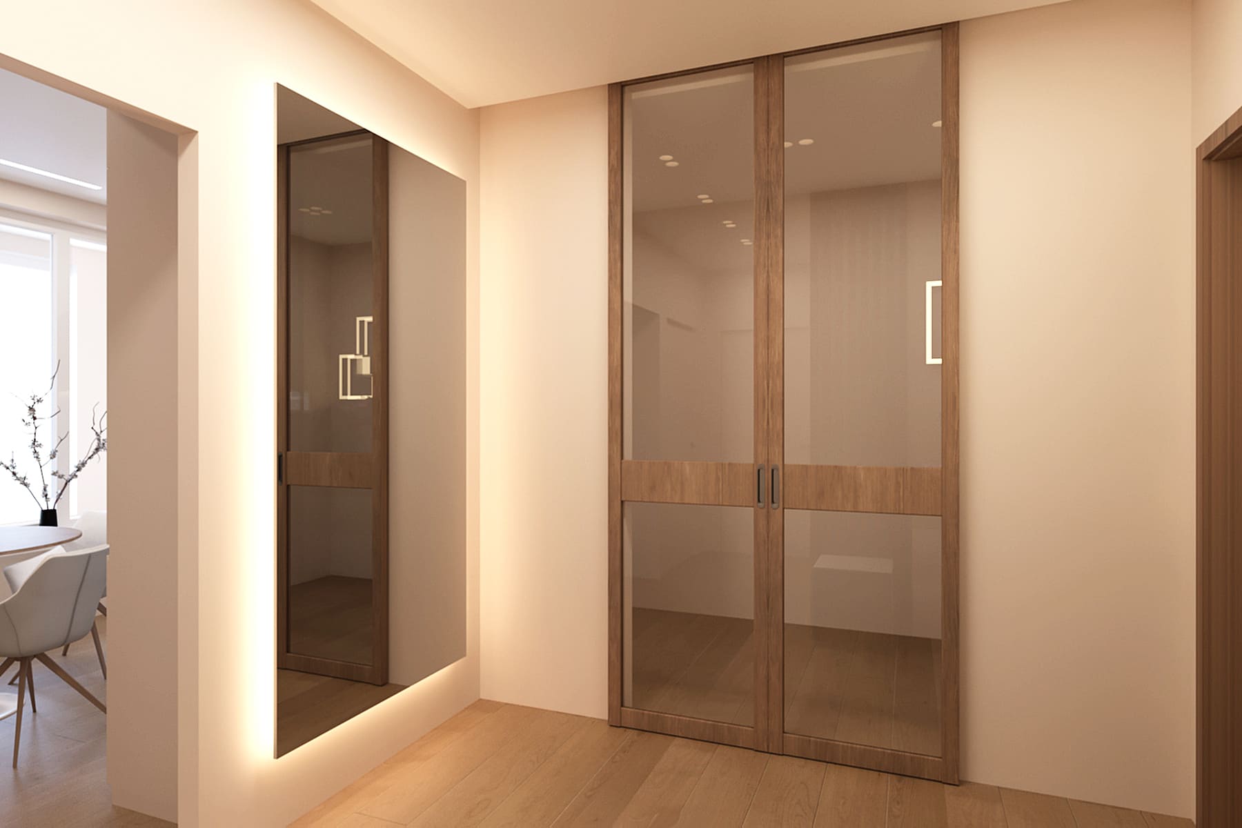 дизайн светлой прихожей с настенным большим прямоугольным зеркалом с подсветкой и раздвижными дверьми в гардеробную