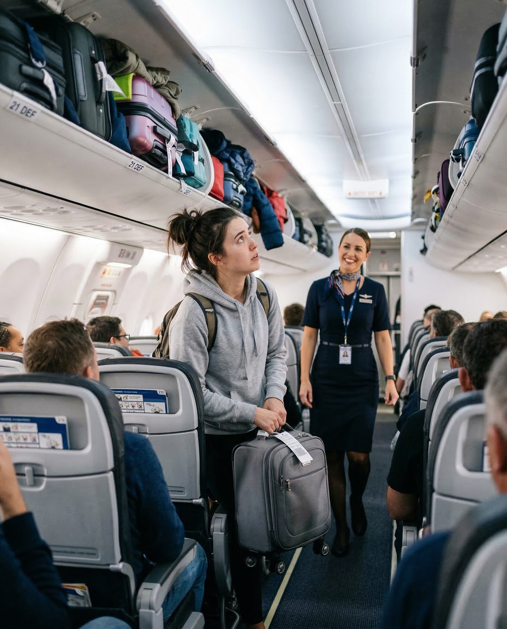 Пассажирка не может найти место для ручной клади на переполненной багажной полке в самолете, бортпроводник спешит на помощь.