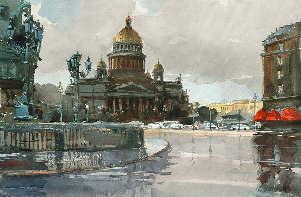 Saint Isaac's Square after the rain. 2014. Watercolor on paper, 36x56 cm