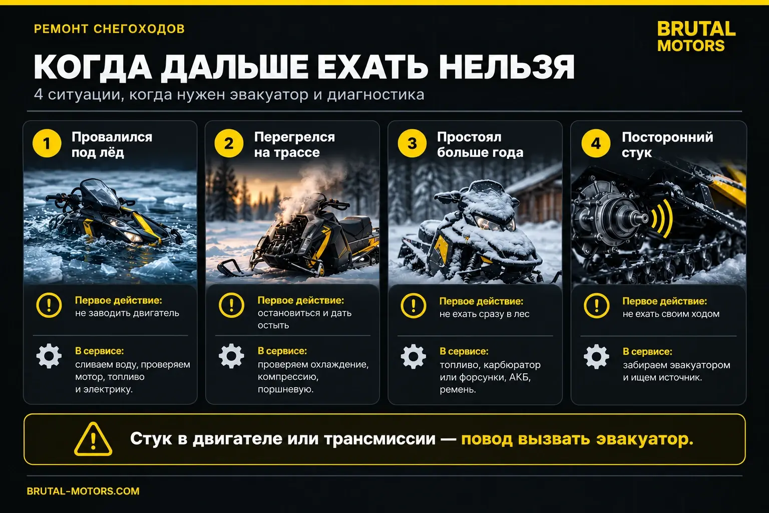Когда нужно остановить снегоход: провал под лёд, перегрев, длительный простой или стук
