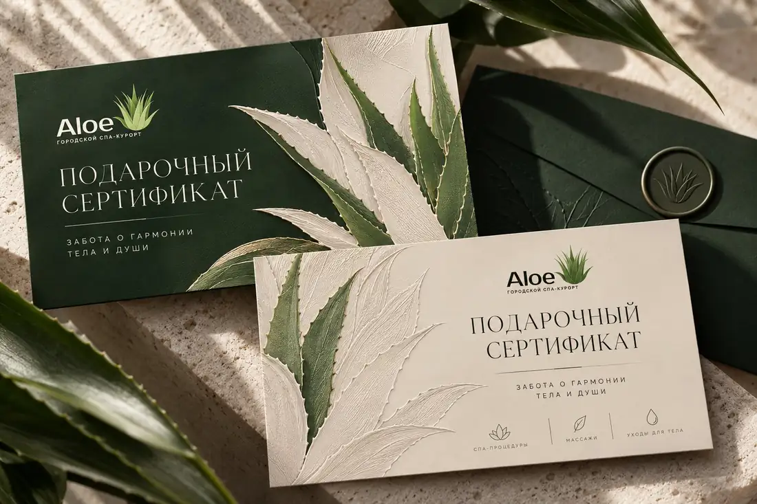 Подарочные сертификаты Алоэ на фирменных бланках и конверт с сургучной печатью