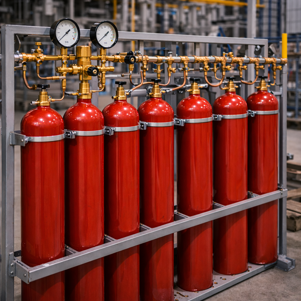 Промышленная газовая рампа с рядом красных баллонов на металлической раме, подключённых к распределительному коллектору и трубопроводам в производственном цехе.