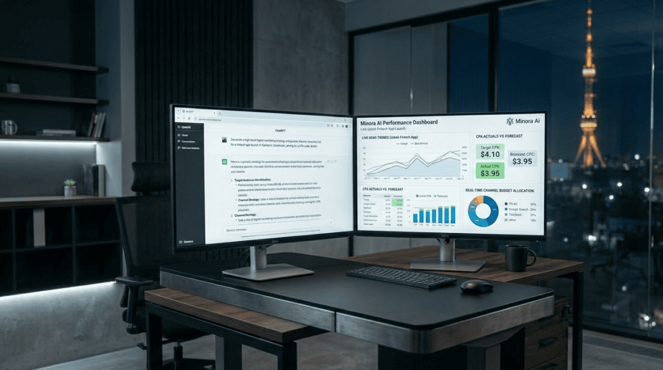 Performance marketer in a Tashkent office comparing a ChatGPT text-based marketing strategy response against a Minora AI live campaign canvas with CPA forecasting and autonomous media buying controls.