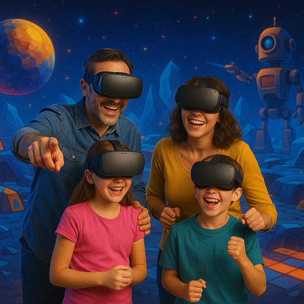 Семья с детьми играет в VR развлечения в московском клубе виртуальной реальности, родители и дети в шлемах
