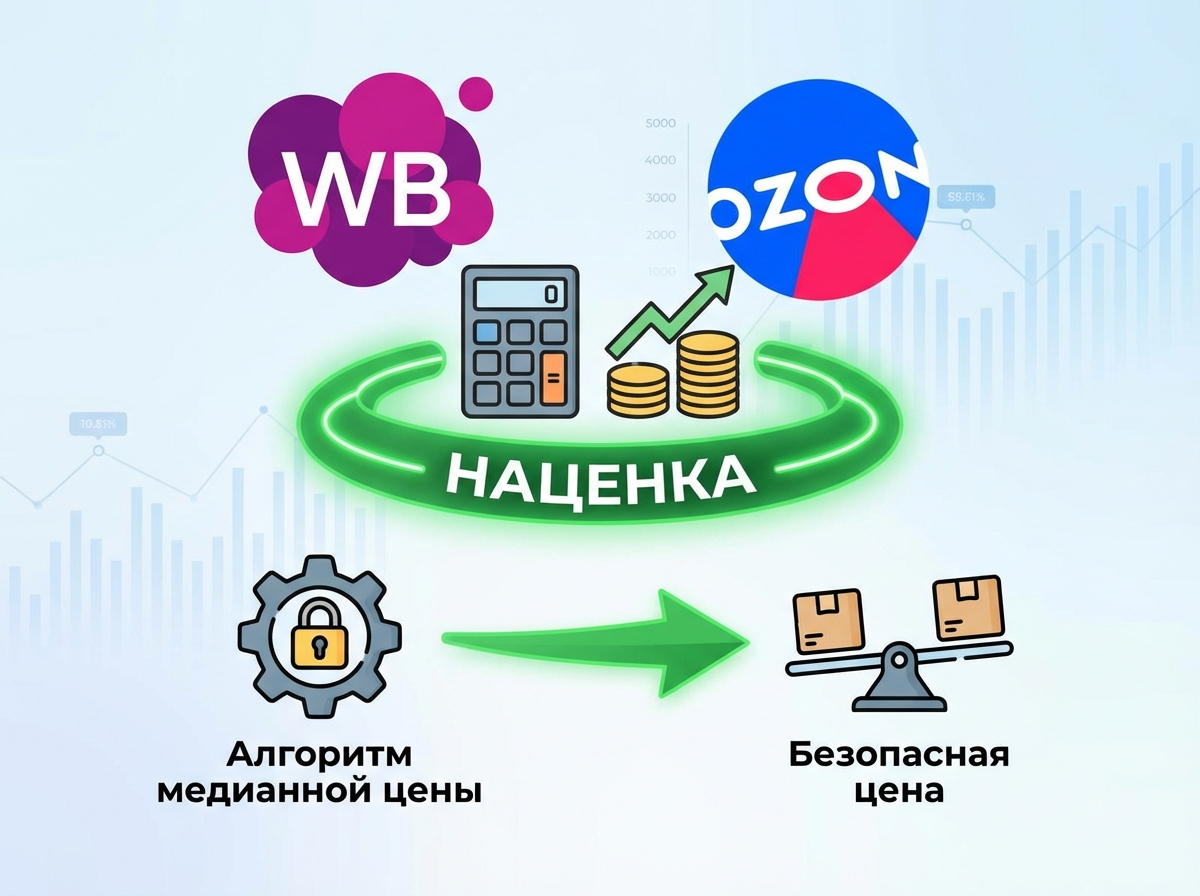 График роста продаж и расчет цены с учетом наценки на экране ноутбука