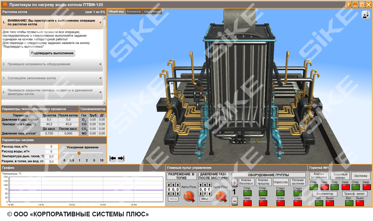 Оператор котельной: пиковый теплофикационный водогрейный газомазутный котел  120 — Тренажер-имитатор SIKE