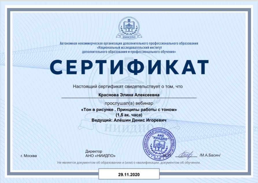 Сертификат вебинара — Тон в рисунке