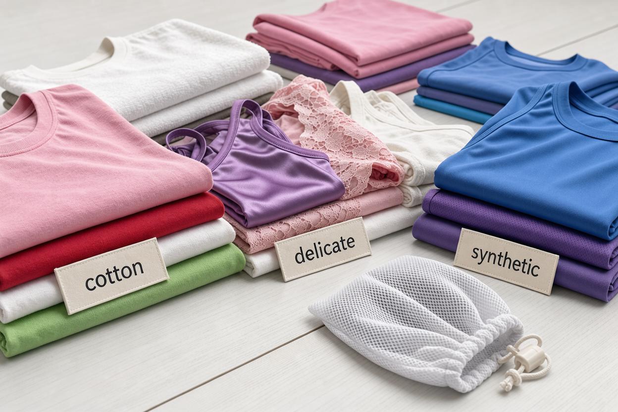 Piles of sorted laundry by color and fabric on a wooden surface with cloth labels reading 'cotton', 'delicate', 'synthetic' and a small mesh laundry bag nearby