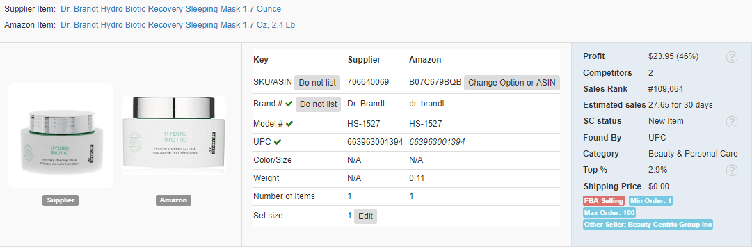 46% and $23.95 profit beauty product for dropshipping from Walmart on Amazon — Recovery Sleeping Mask