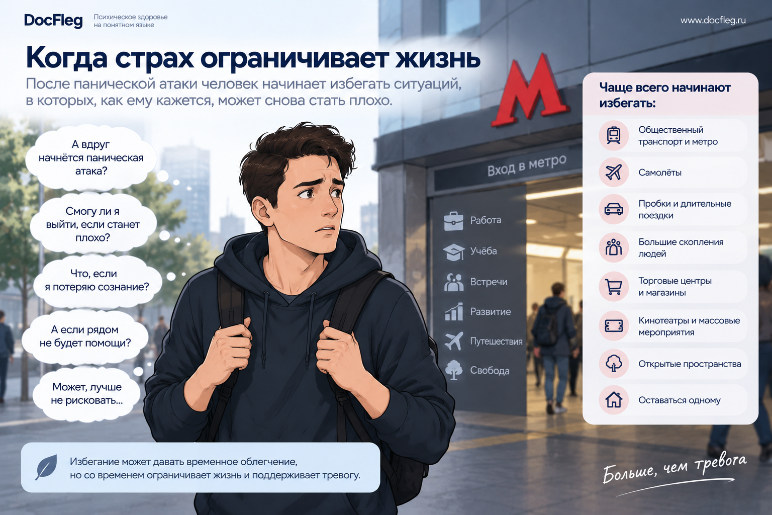 Агорафобия и избегание после панической атаки: страх метро, транспорта, толпы и одиночества