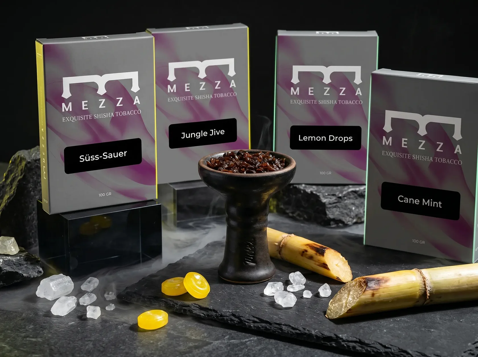The Sweet Chaos dark leaf tobacco mix by Mezza, offering a complex sweet and sour profile for an elevated shisha delivery in Bali.