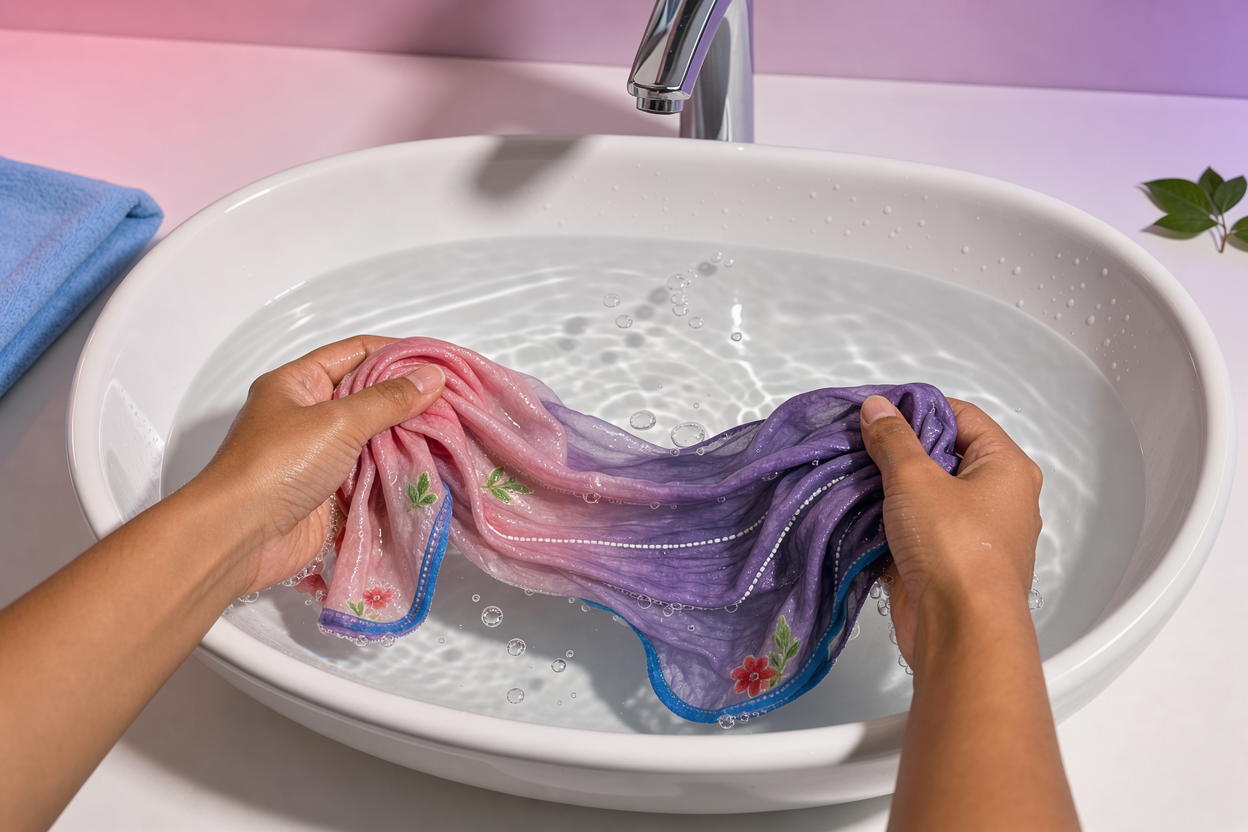Sink filled with lukewarm water and a single delicate garment being gently swished by hands, visible gentle bubbles