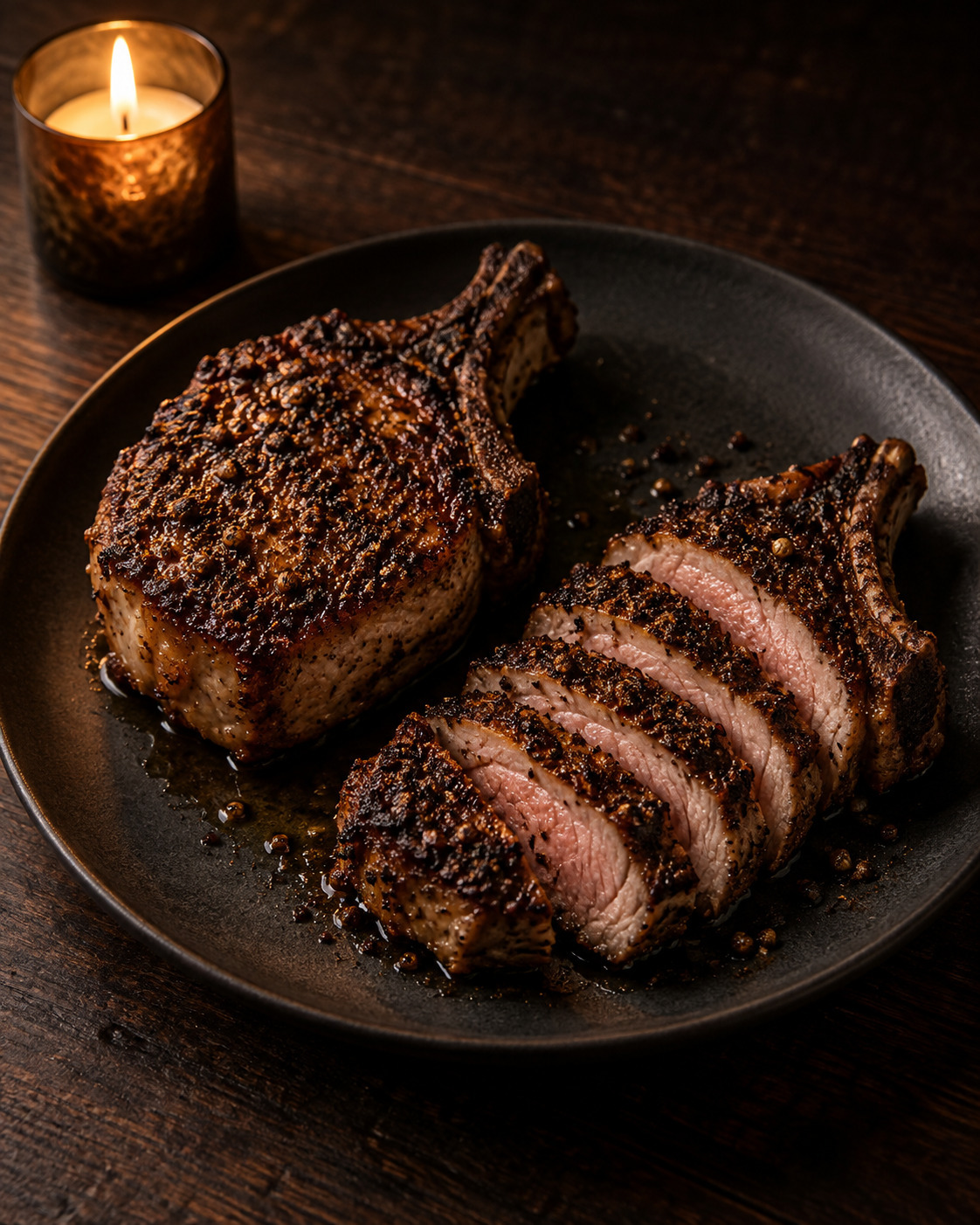 Two thick bone-in pork chops with a dark coffee and coriander crust, one sliced to show a pink center, cooked by Miami private chef Marina Staver