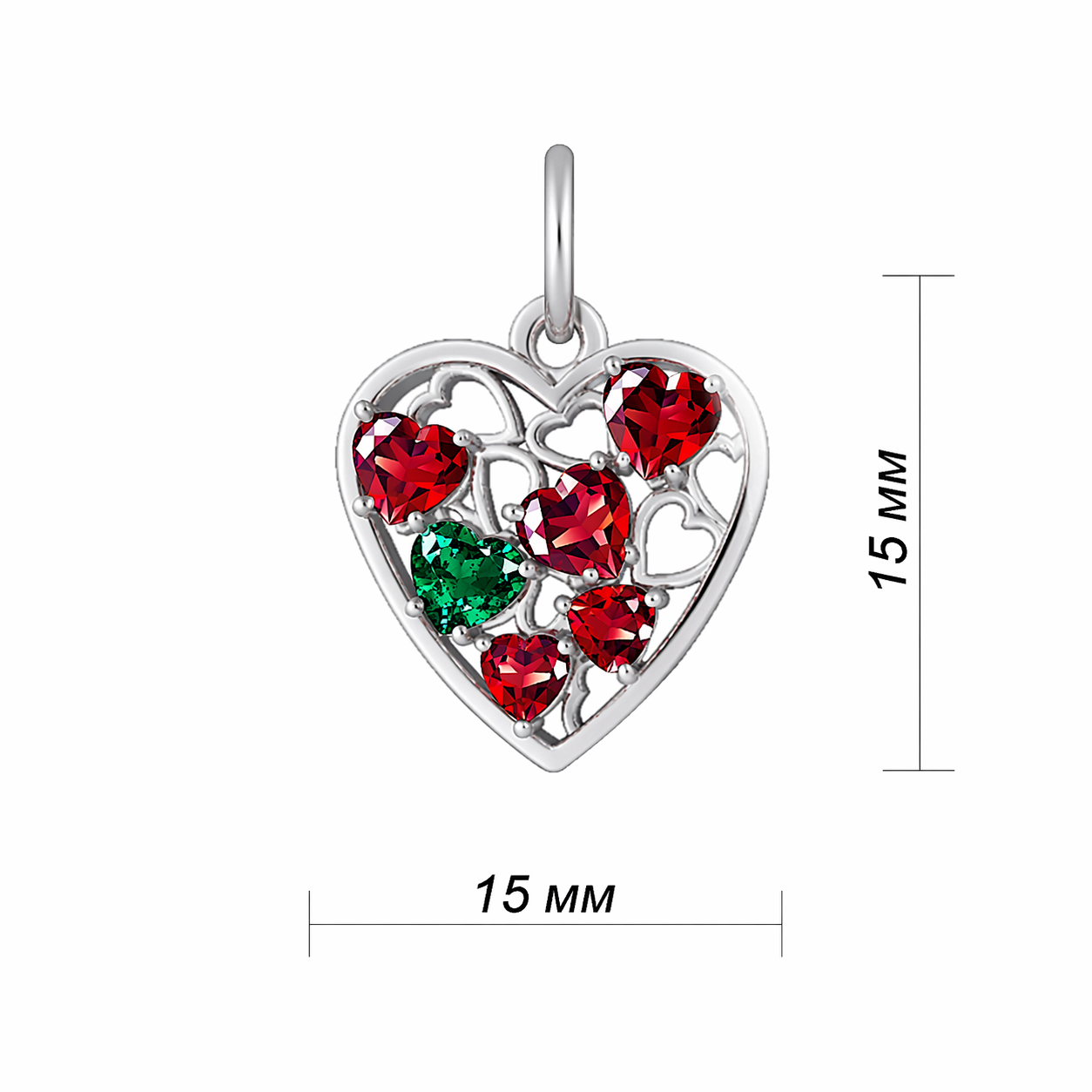 подвеска сердечко с разноцветными камнями, серебро, родирование