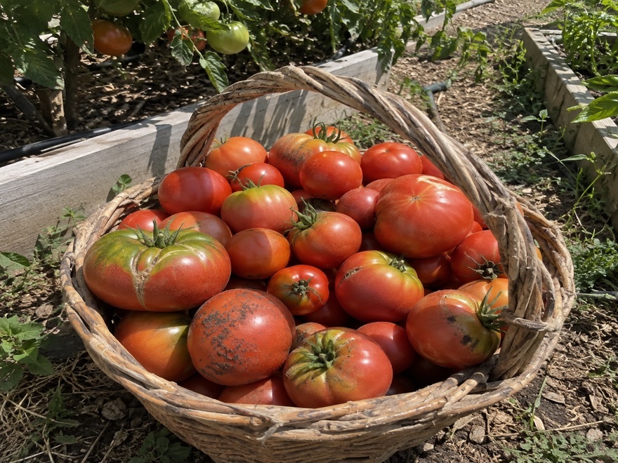 Basket of ripe tomatoes harvested after a late-season mineral spray