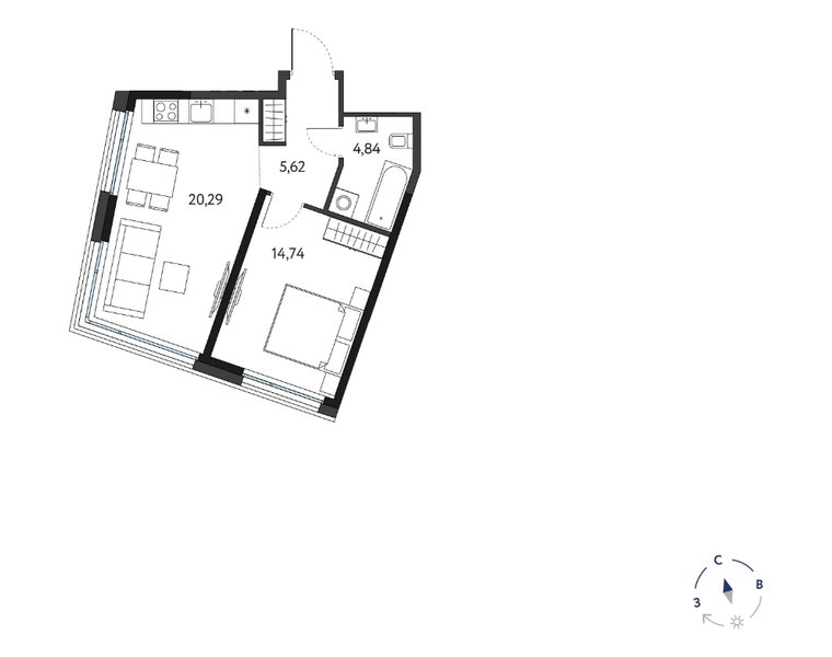 Планировка 1-комнатной квартиры 45,49 м² в ЖК «Кинетик»: 5-й этаж