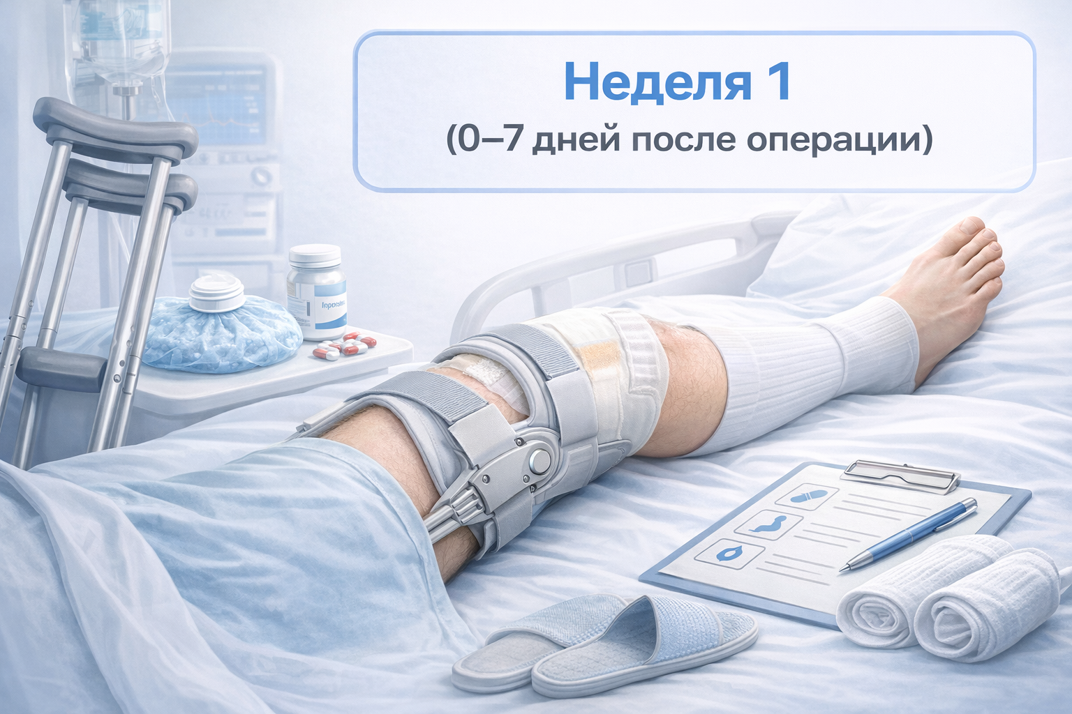 Первые неделя после пластики ПКС: ортез, контроль отёка и упражнения на разгибание колена.