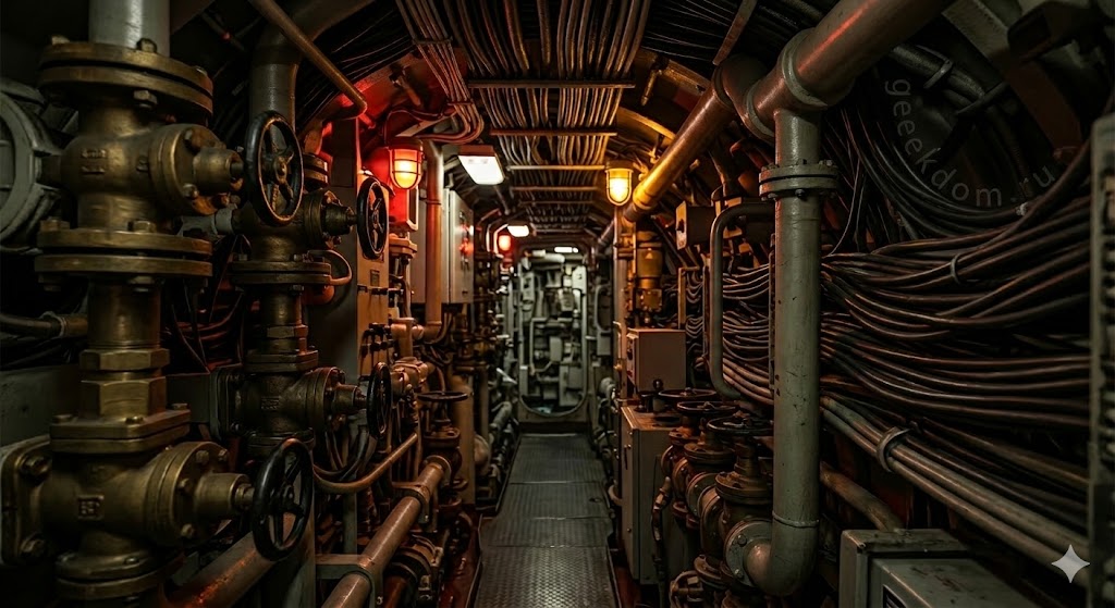 Коридор атомной подводной лодки с трубами и кабелями.